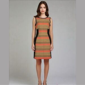 SEA NEW YORK LINEN BLEND BLACK TAN CORAL STRIPED SLEEVELESS SHEATH DRESS